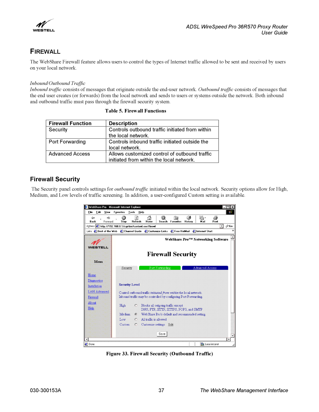 Westell Technologies 36R570 manual Firewall Security, Inbound/Outbound Traffic, Firewall Functions 