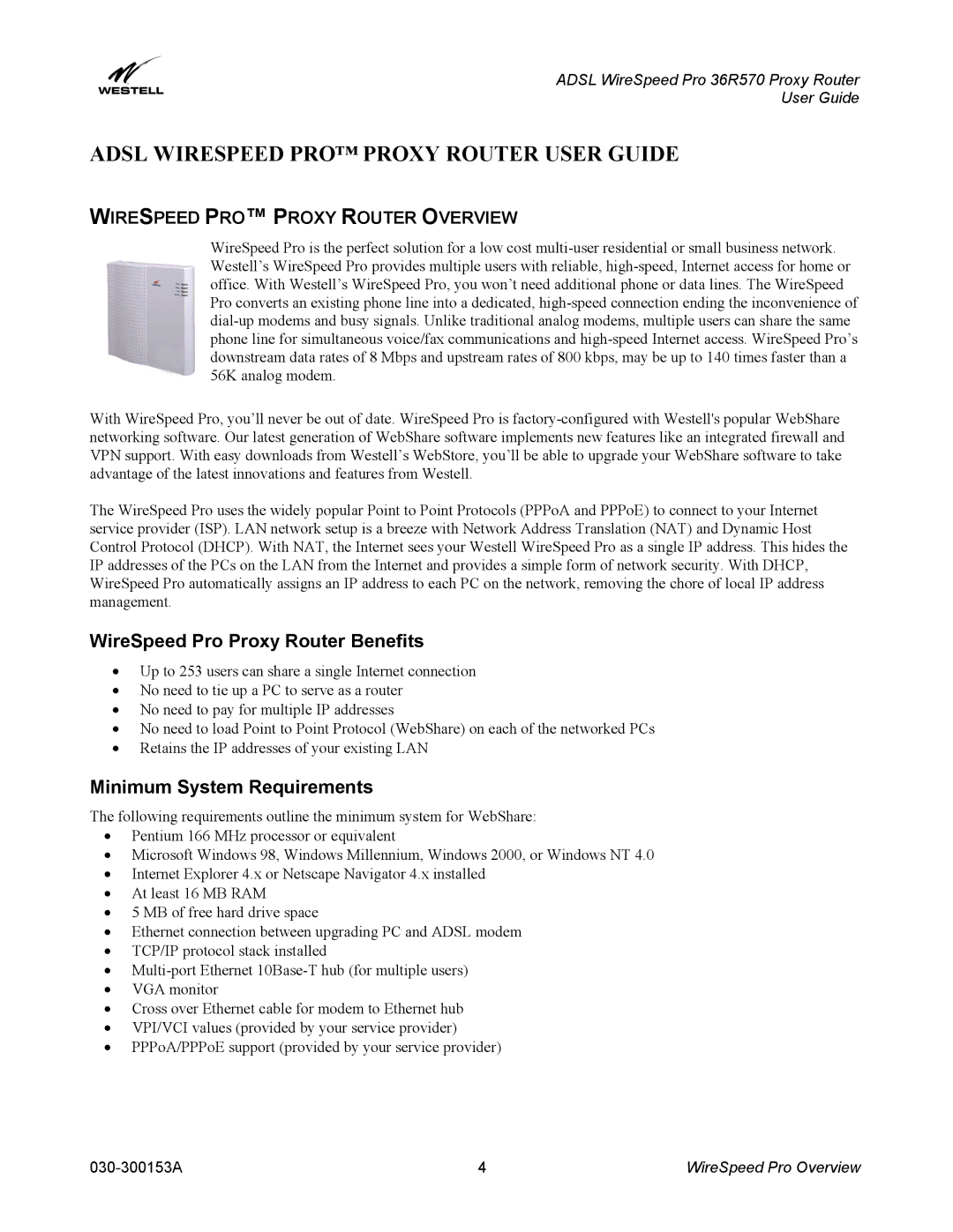 Westell Technologies 36R570 manual Adsl Wirespeed PRO Proxy Router User Guide, WireSpeed Pro Proxy Router Benefits 