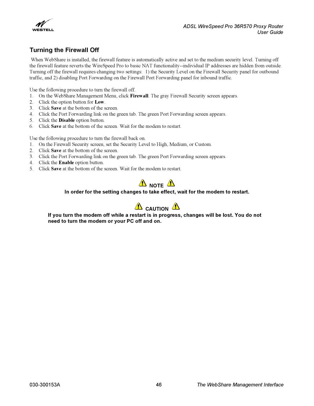 Westell Technologies 36R570 manual Turning the Firewall Off 