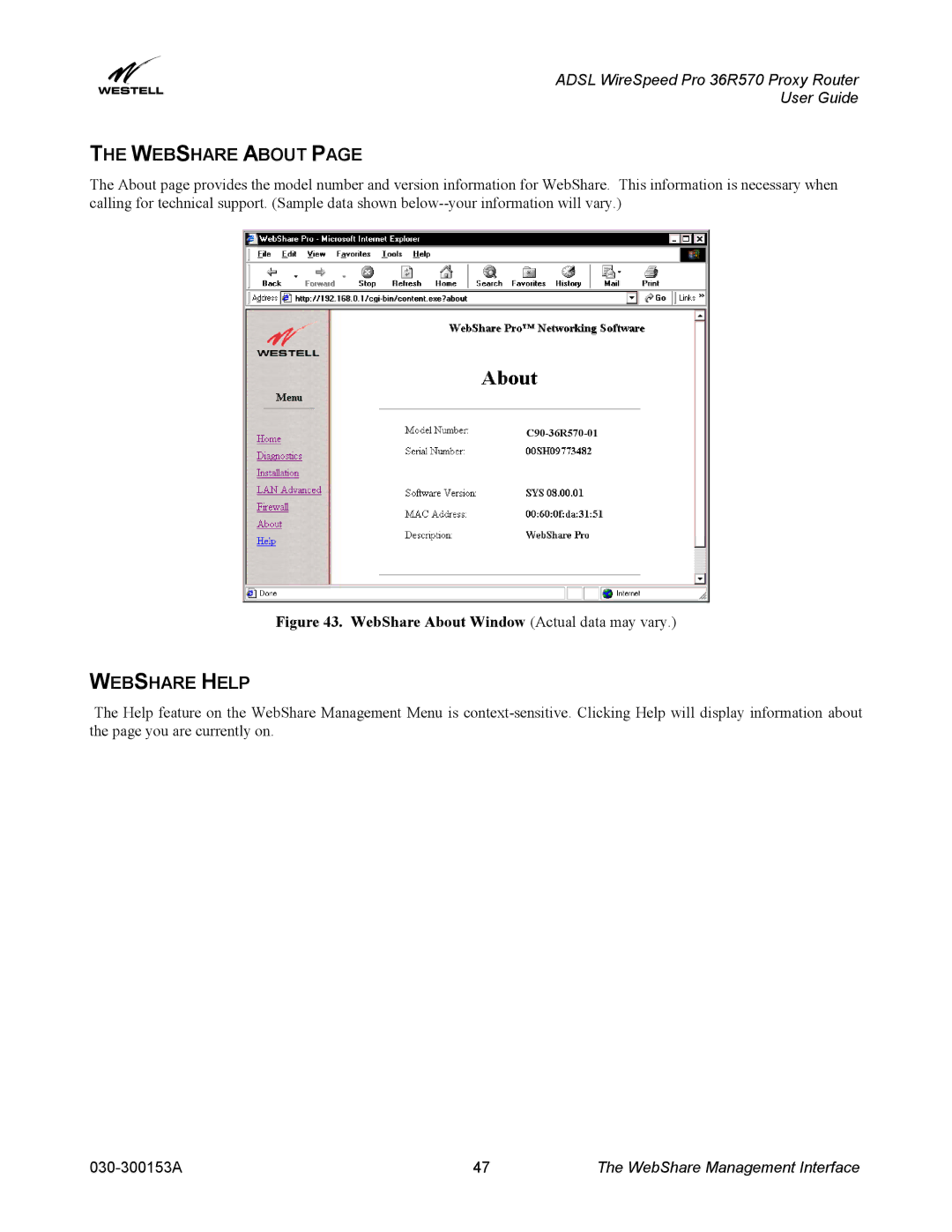 Westell Technologies 36R570 manual Webshare about, Webshare Help 