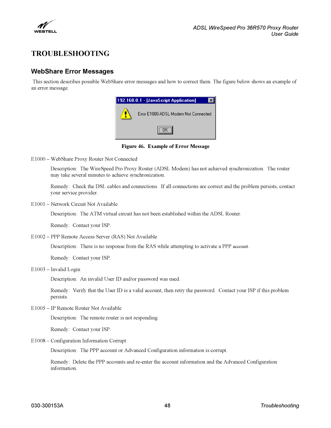 Westell Technologies 36R570 manual Troubleshooting, WebShare Error Messages 