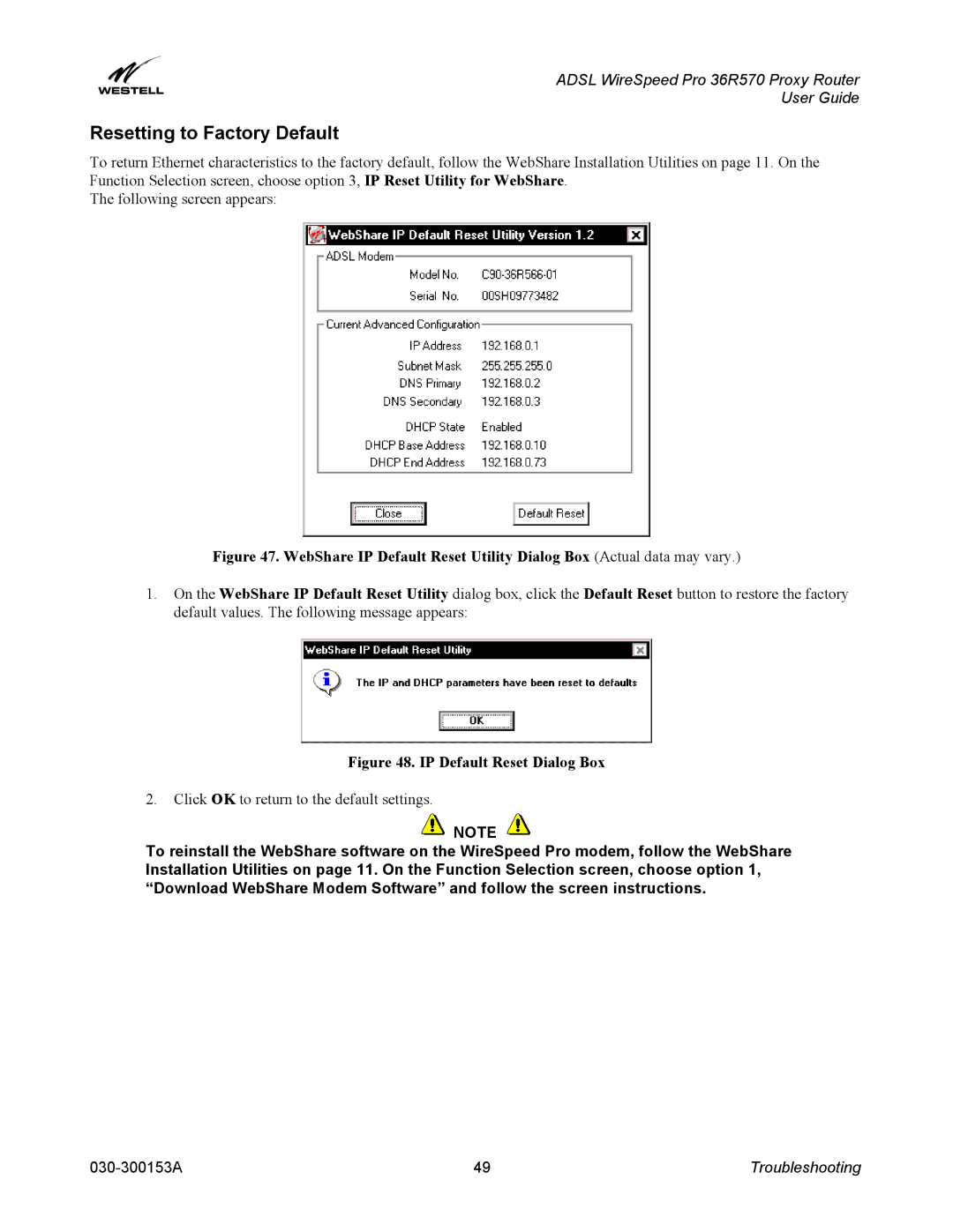 Westell Technologies 36R570 manual Resetting to Factory Default, IP Default Reset Dialog Box 