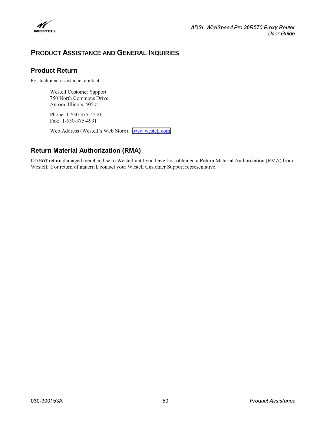 Westell Technologies 36R570 Product Return, Return Material Authorization RMA, Product Assistance and General Inquiries 