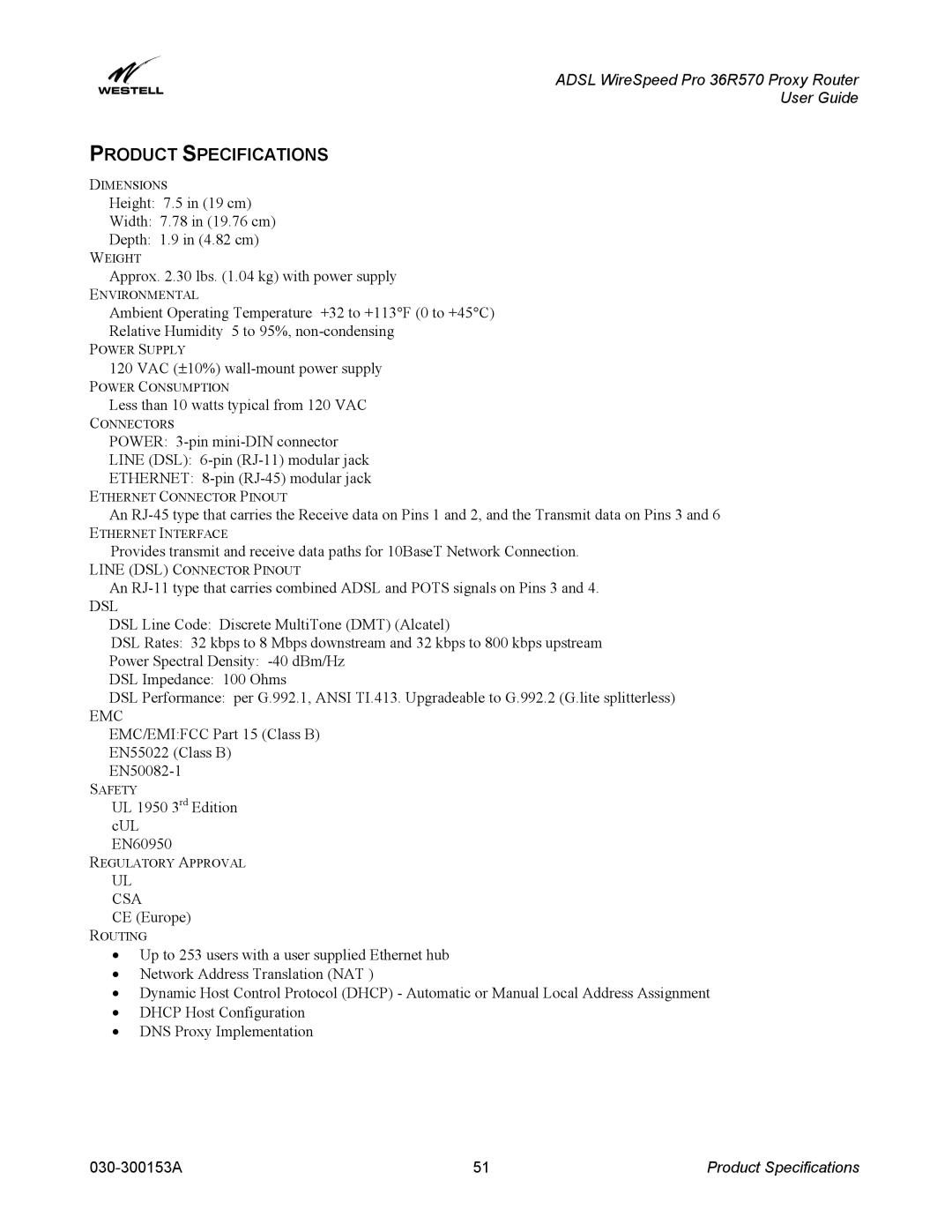 Westell Technologies 36R570 manual Product Specifications, Dsl 