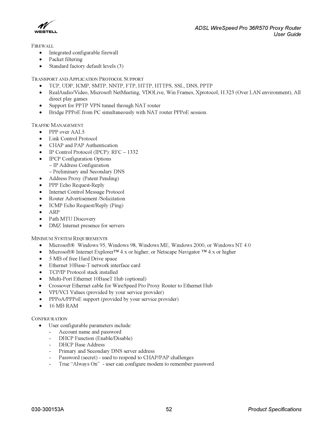 Westell Technologies 36R570 manual TCP, UDP, ICMP, SMTP, NNTP, FTP, HTTP, HTTPS, SSL, DNS, Pptp 