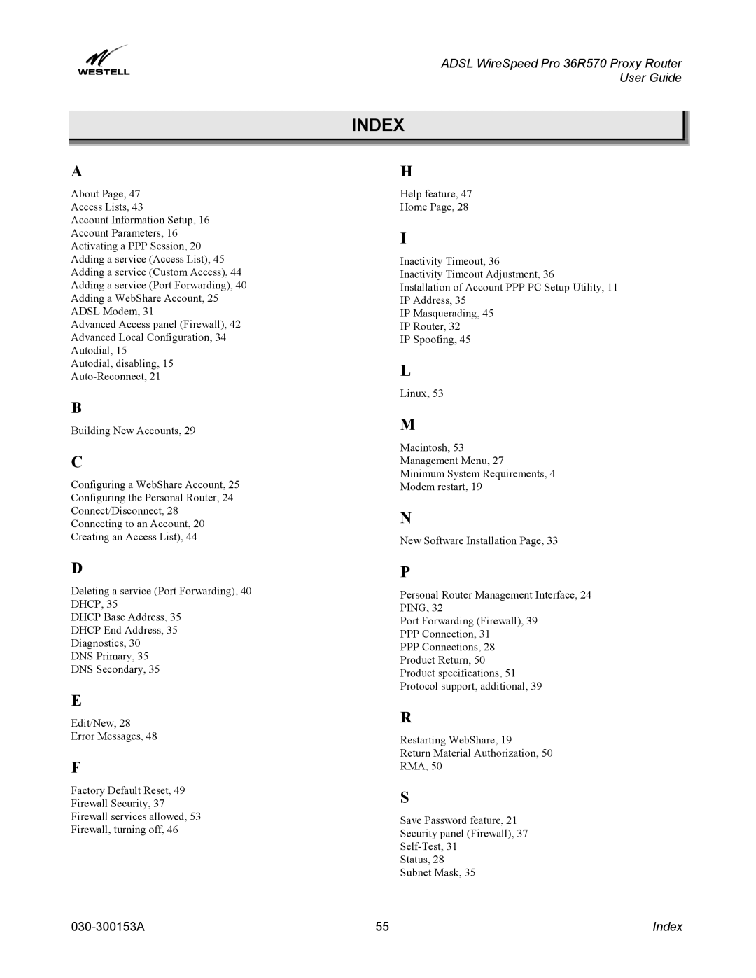 Westell Technologies 36R570 manual Index 