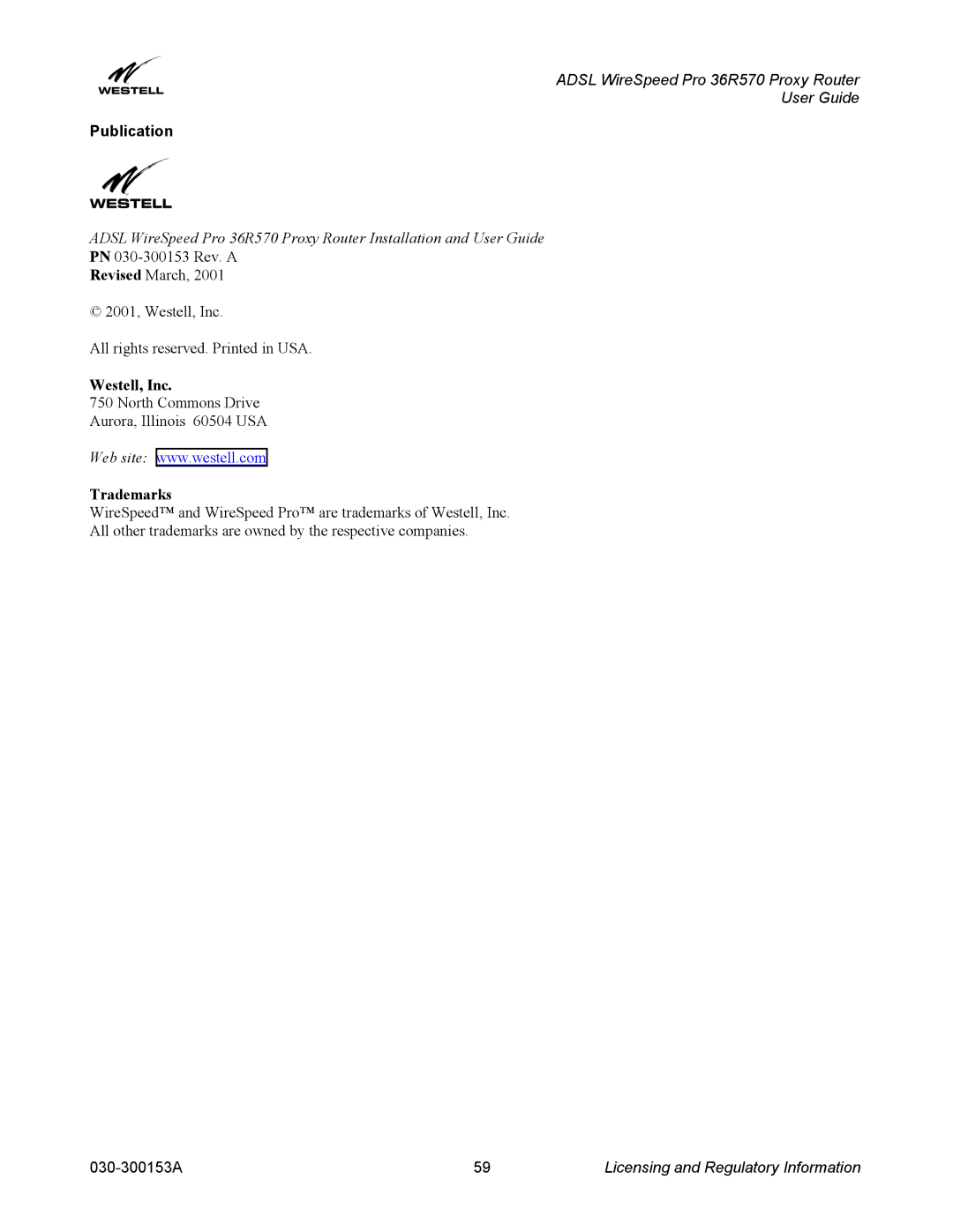 Westell Technologies 36R570 manual Westell, Inc, Trademarks 