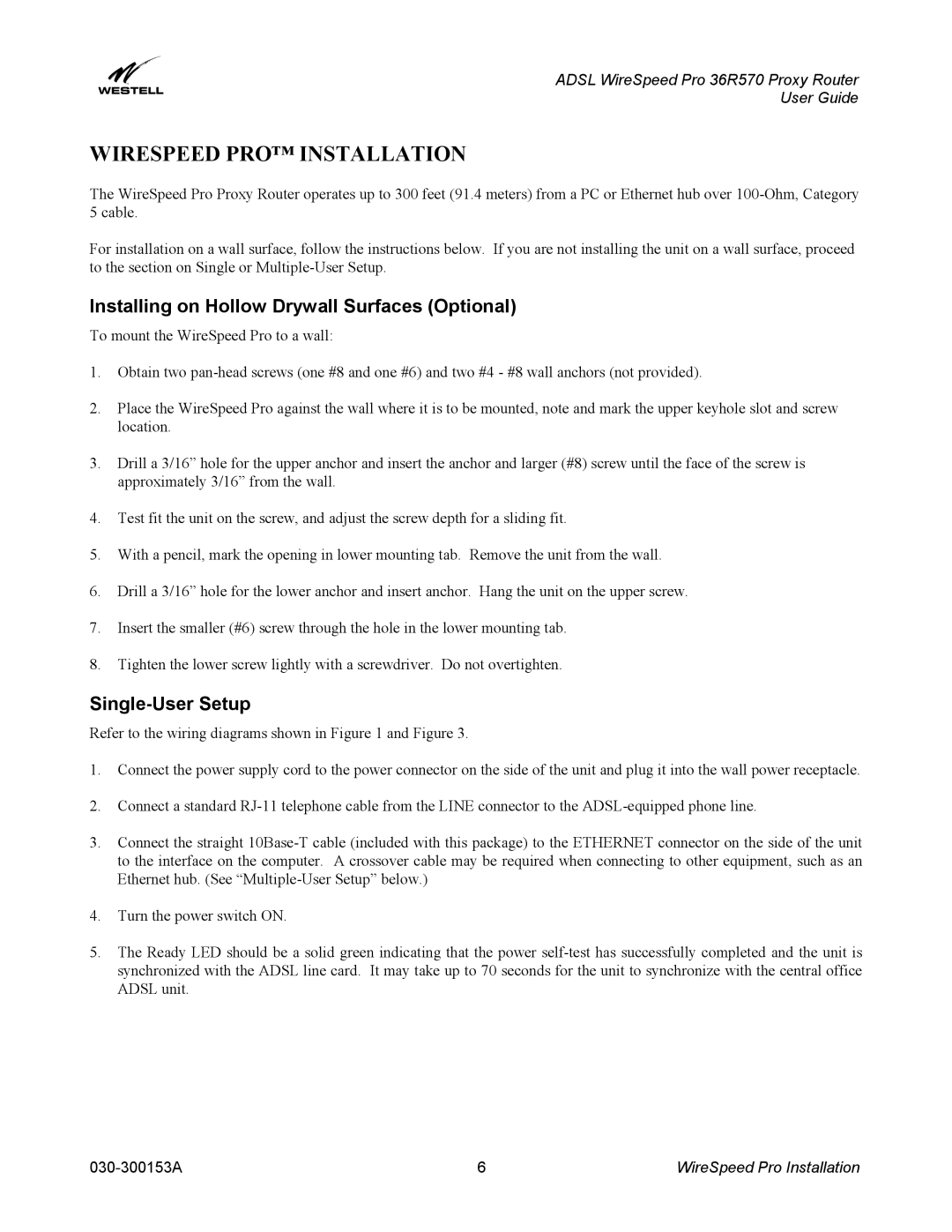 Westell Technologies 36R570 Wirespeed PRO Installation, Installing on Hollow Drywall Surfaces Optional, Single-User Setup 
