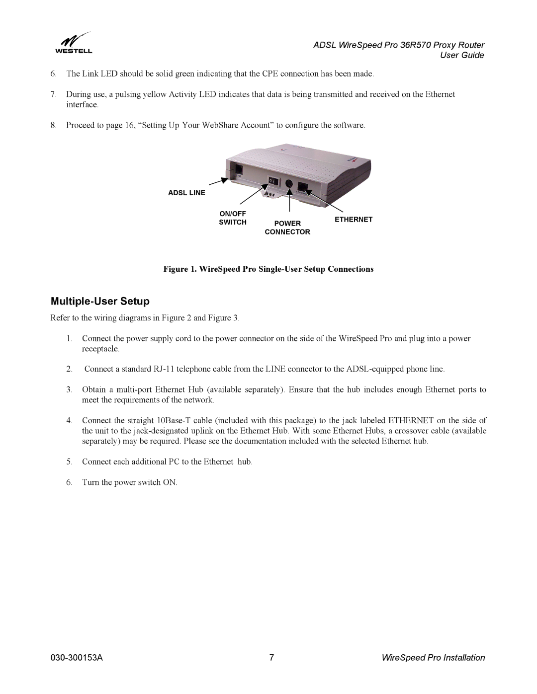 Westell Technologies 36R570 manual Multiple-User Setup, WireSpeed Pro Single-User Setup Connections 