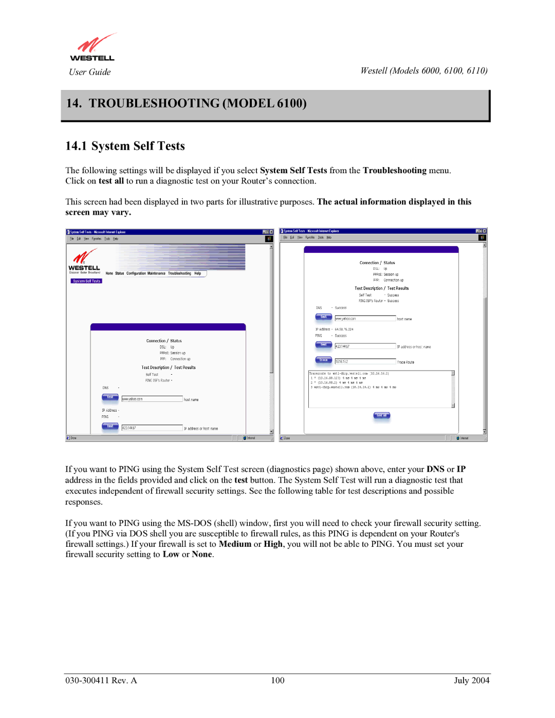 Westell Technologies 6100, 6000, 6110 manual Troubleshooting Model, System Self Tests 