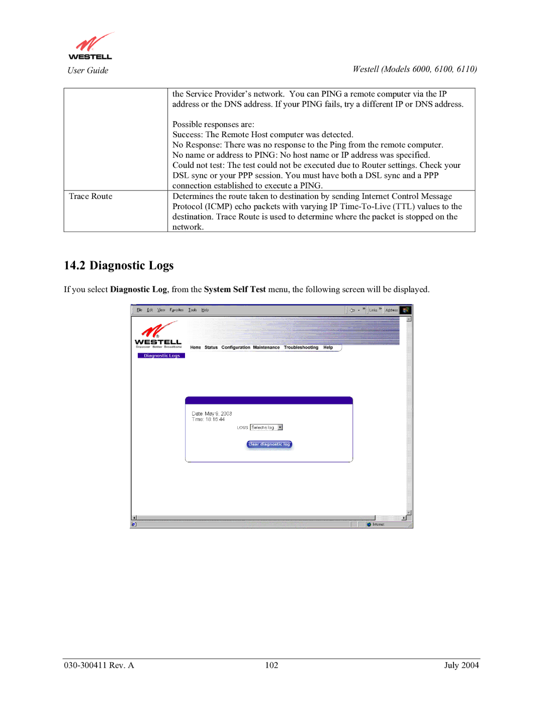 Westell Technologies 6000, 6100, 6110 manual Diagnostic Logs 