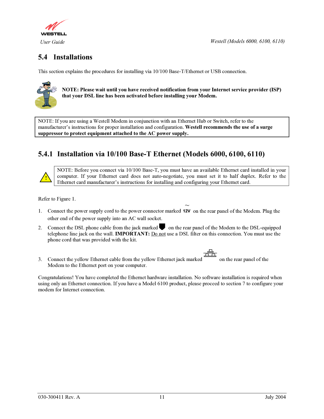 Westell Technologies 6110 manual Installations, Installation via 10/100 Base-T Ethernet Models 6000, 6100 