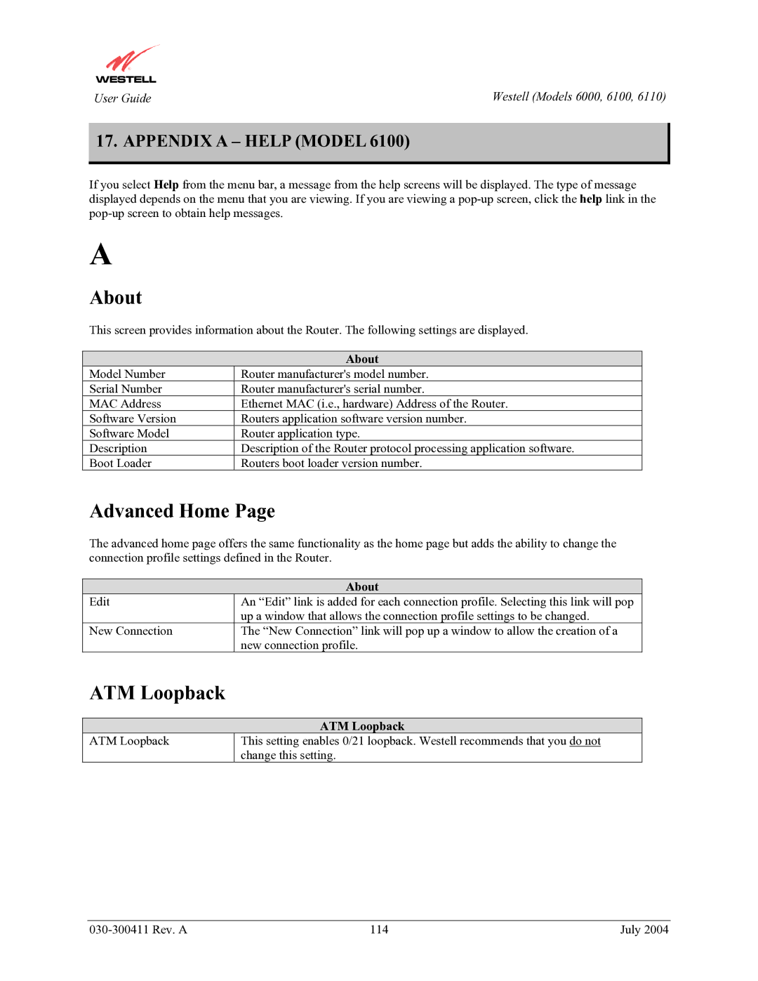 Westell Technologies 6000, 6100, 6110 manual Appendix a Help Model, About, ATM Loopback 