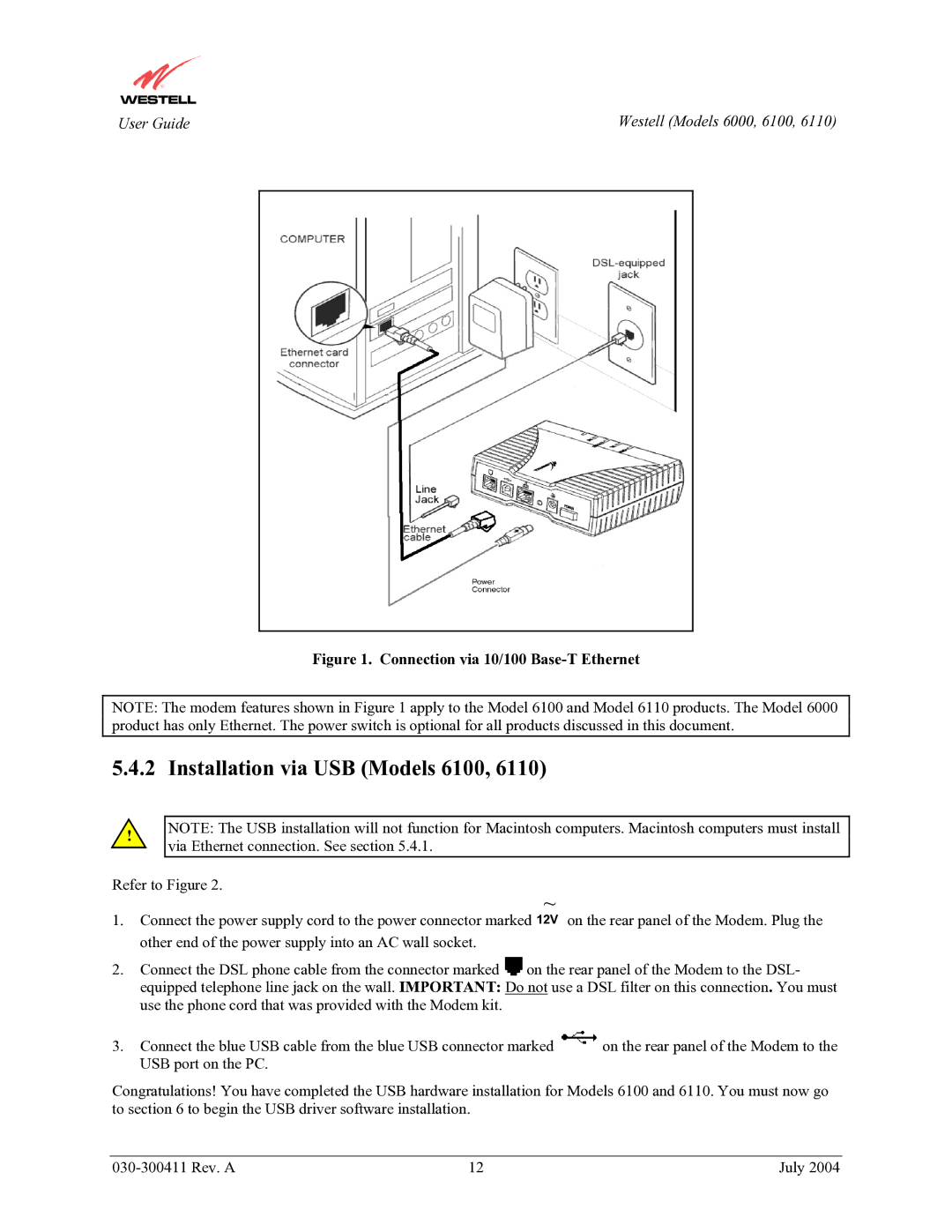 Westell Technologies 6000, 6110 manual Installation via USB Models 6100, Connection via 10/100 Base-T Ethernet 