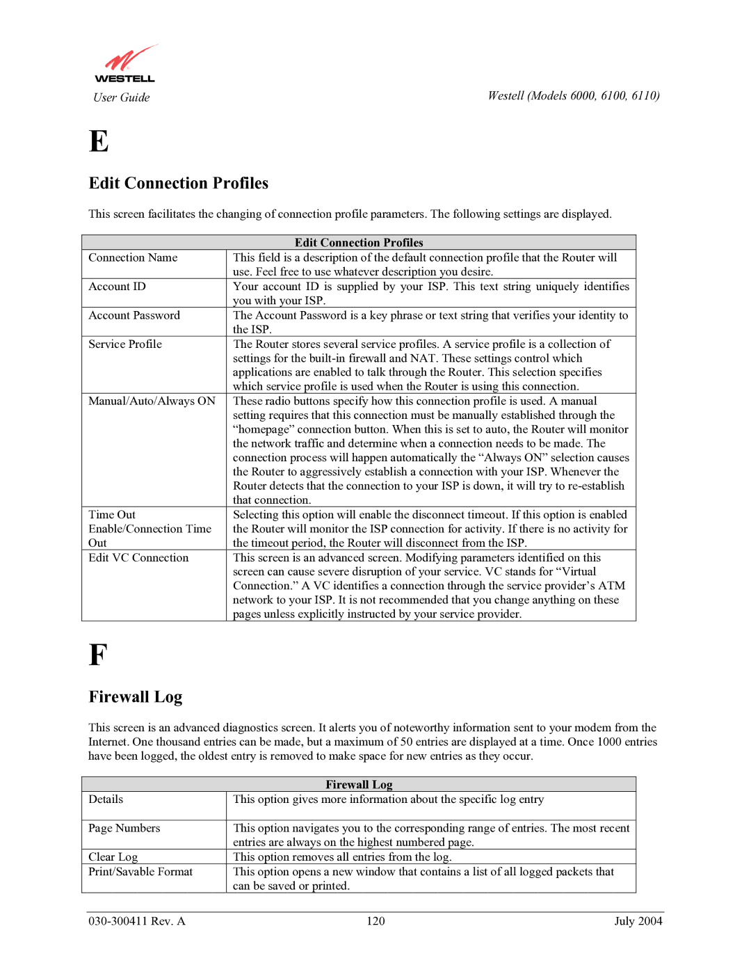 Westell Technologies 6000, 6100, 6110 manual Edit Connection Profiles, Firewall Log 