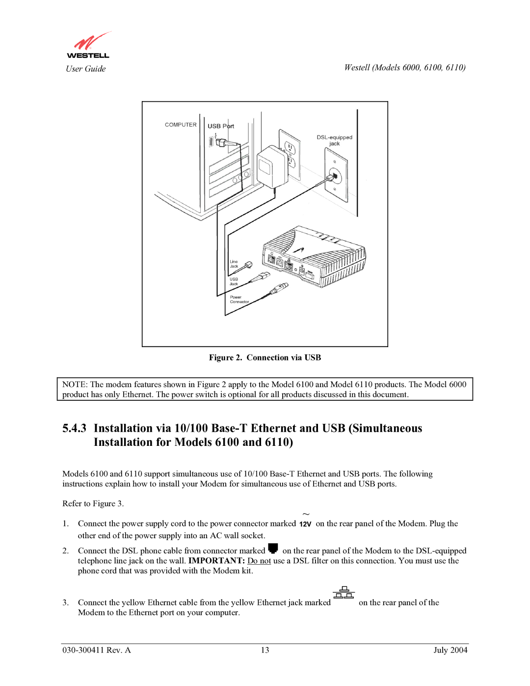 Westell Technologies 6100, 6000, 6110 manual Connection via USB 