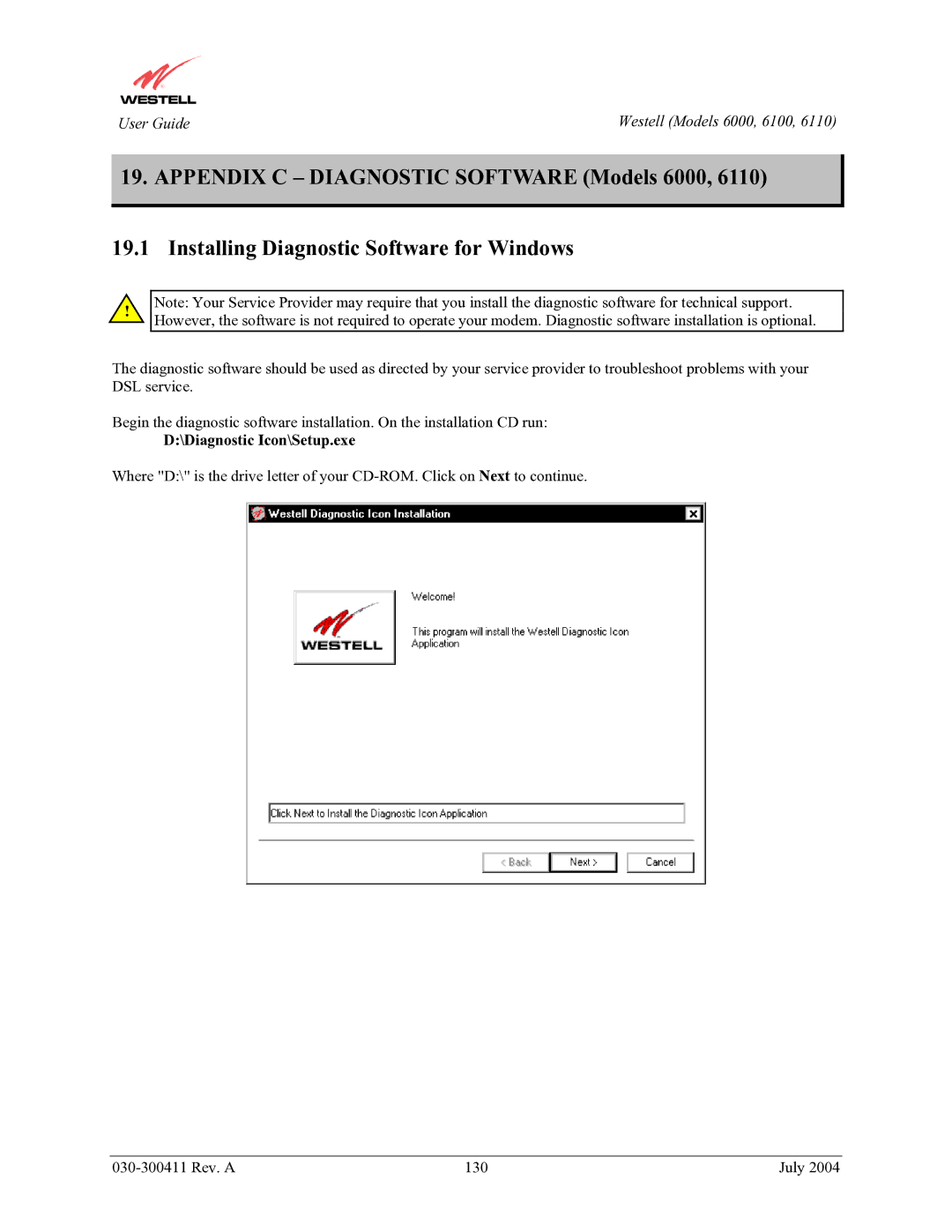 Westell Technologies 6100, 6000, 6110 manual Diagnostic Icon\Setup.exe 