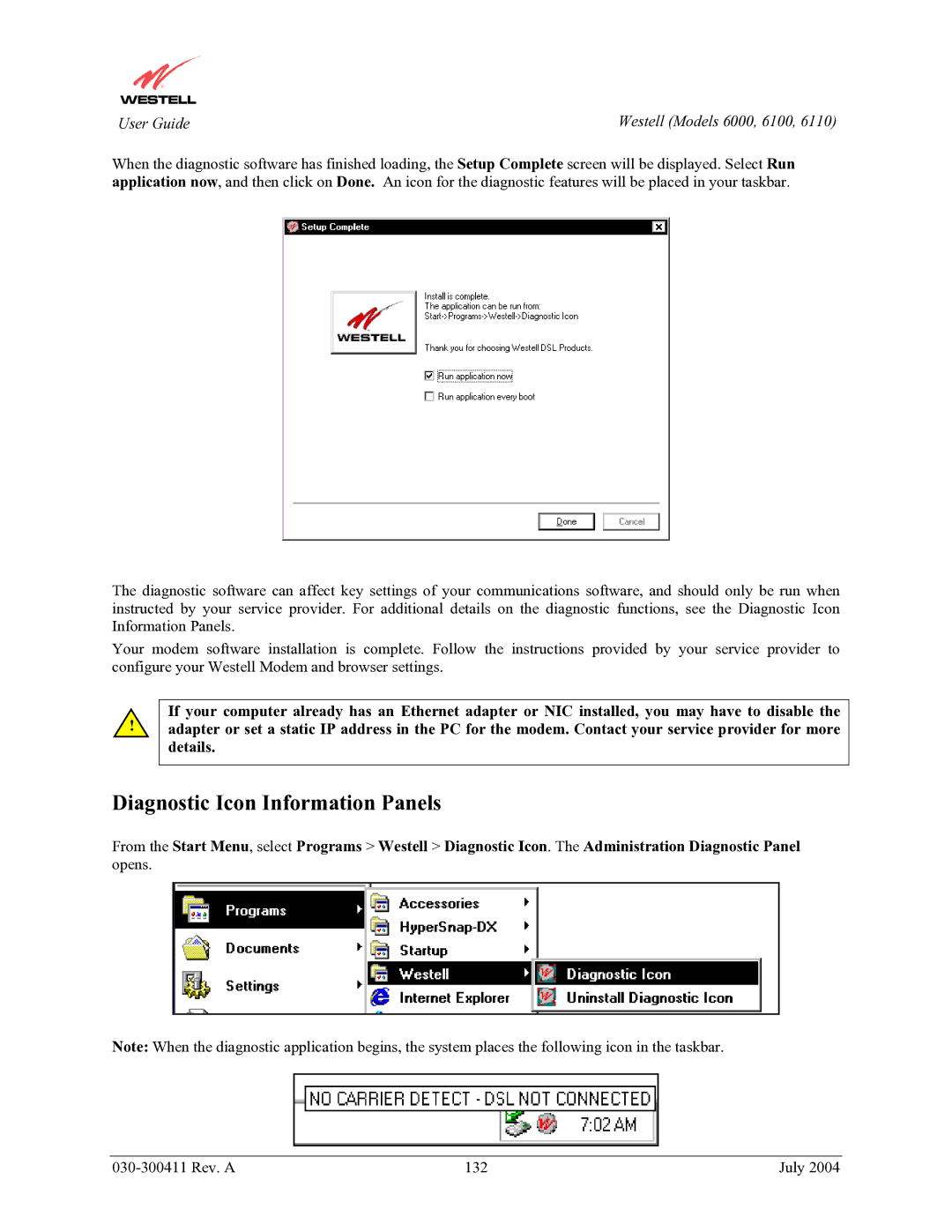 Westell Technologies 6000, 6100, 6110 manual Diagnostic Icon Information Panels 