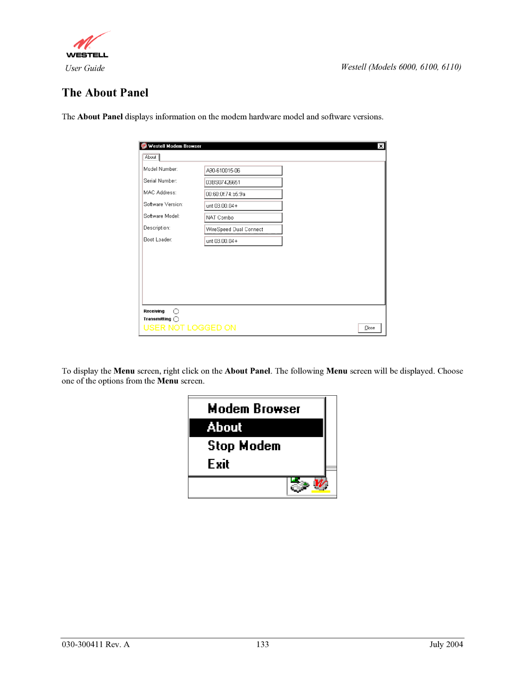 Westell Technologies 6100, 6000, 6110 manual About Panel 