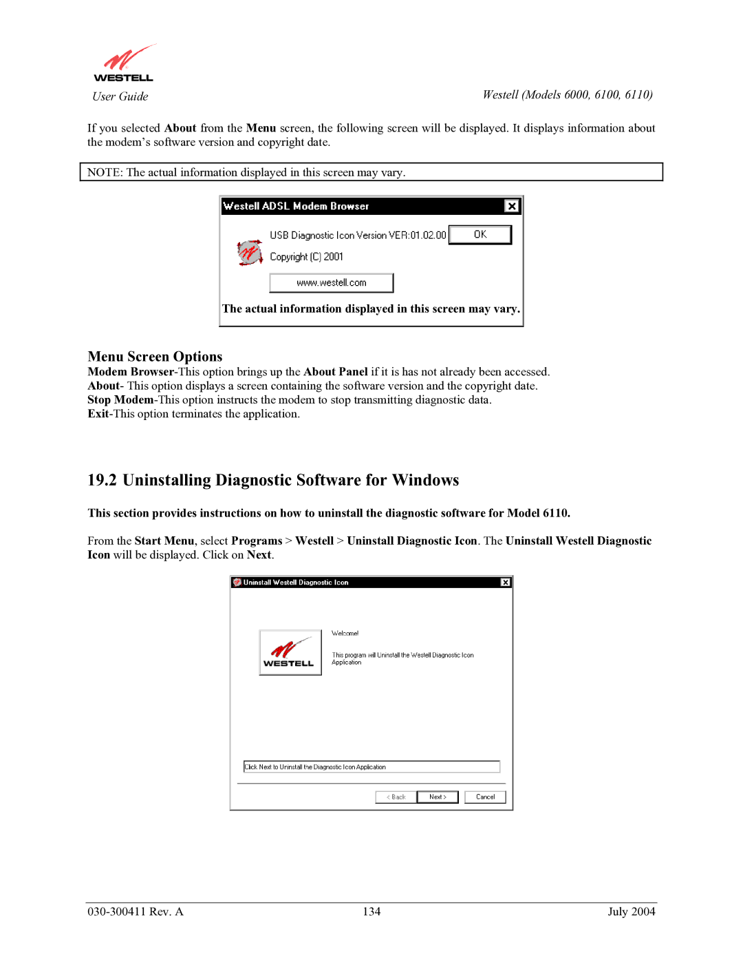 Westell Technologies 6110, 6000, 6100 manual Uninstalling Diagnostic Software for Windows 