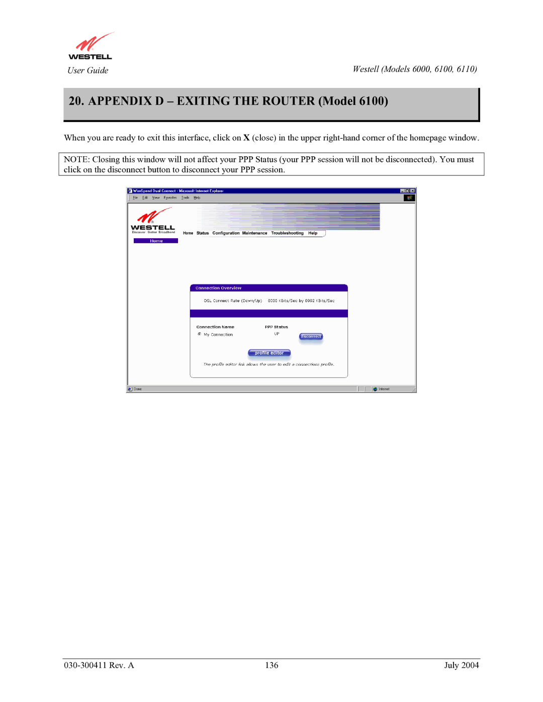 Westell Technologies 6100, 6000, 6110 manual Appendix D Exiting the Router Model 
