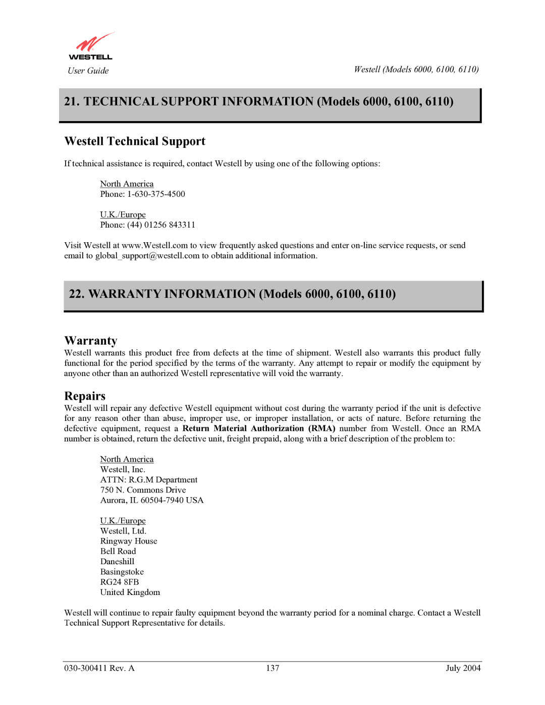 Westell Technologies 6110 manual Warranty Information Models 6000, 6100, Repairs 