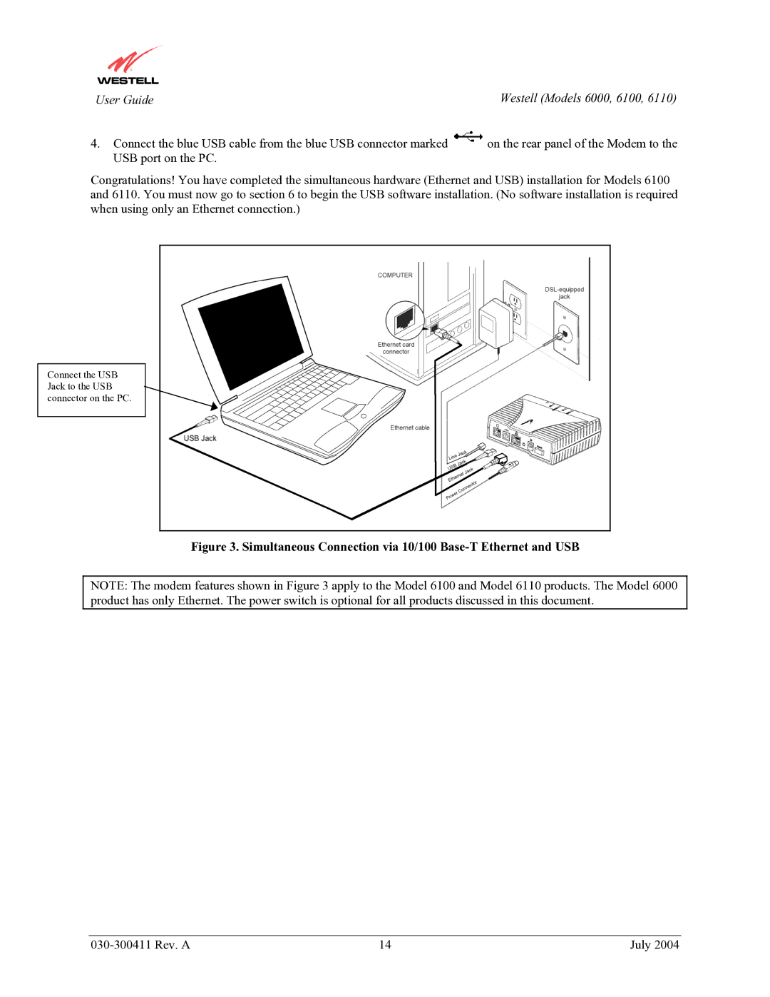 Westell Technologies 6110, 6000, 6100 manual Simultaneous Connection via 10/100 Base-T Ethernet and USB 