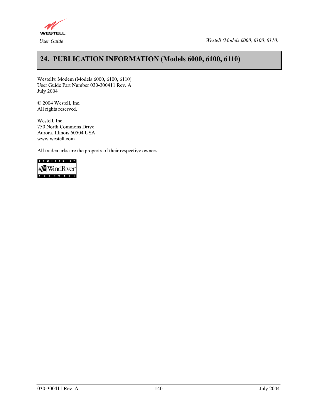 Westell Technologies 6110 manual Publication Information Models 6000, 6100 