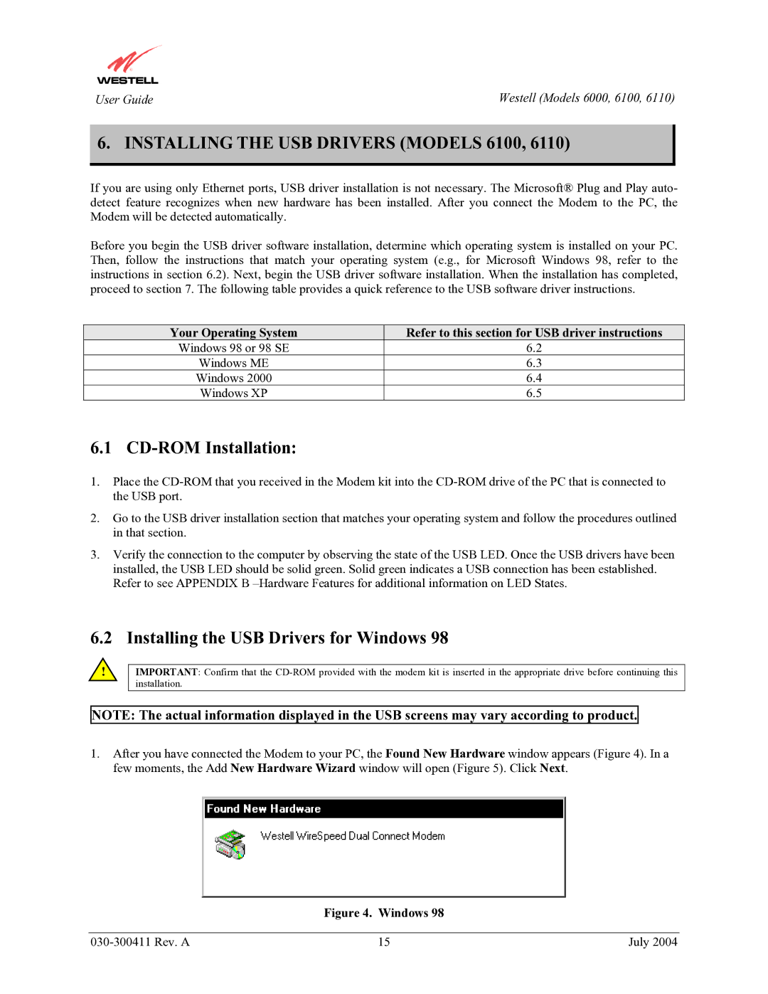 Westell Technologies 6000, 6110 manual Installing the USB Drivers Models 6100, CD-ROM Installation 