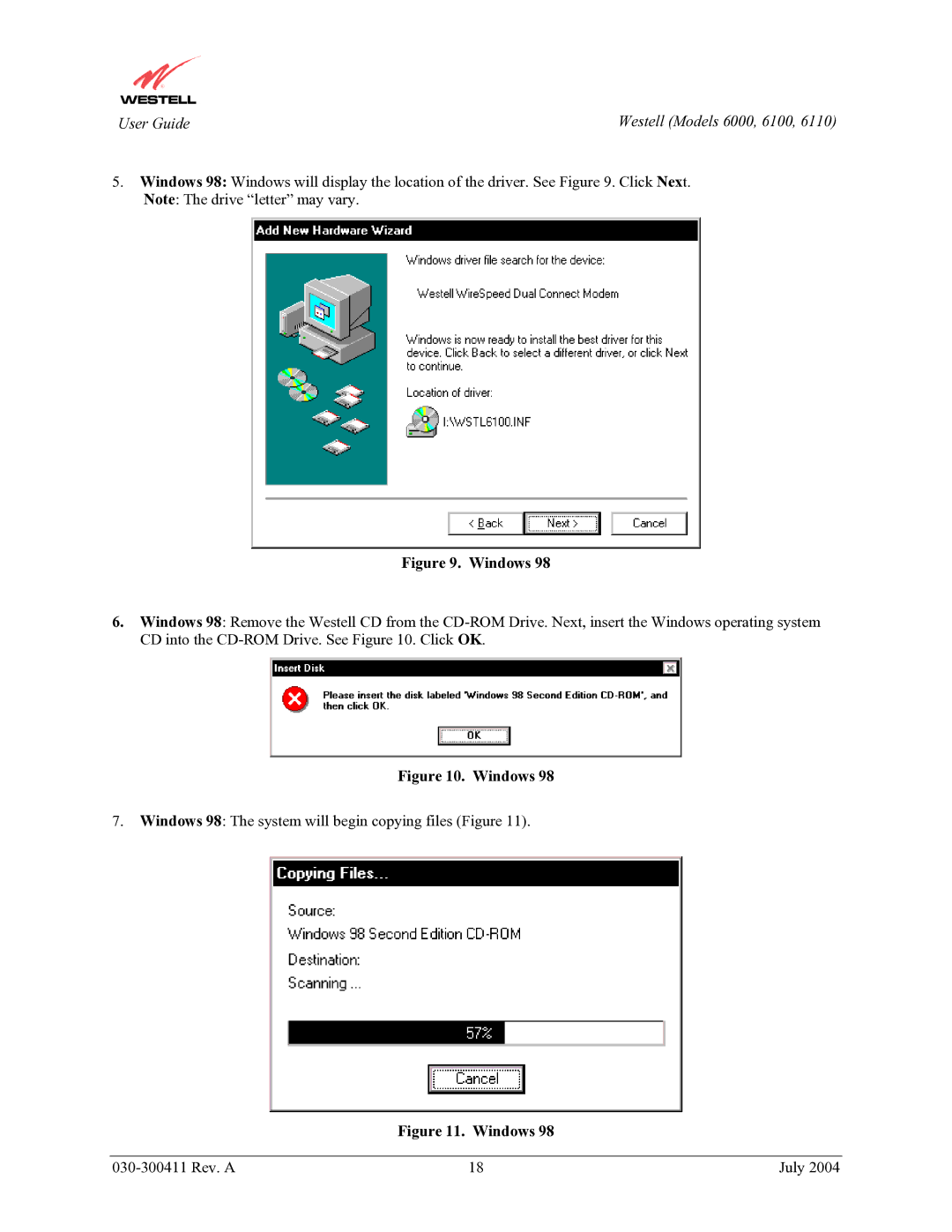 Westell Technologies 6000, 6100, 6110 manual Windows 98 The system will begin copying files Figure 