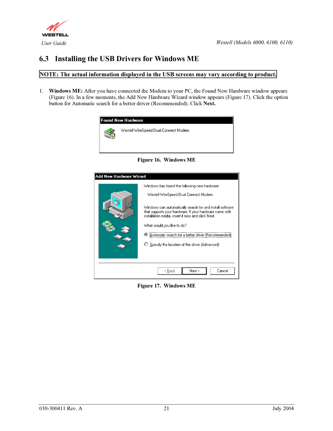 Westell Technologies 6000, 6100, 6110 manual Installing the USB Drivers for Windows ME 