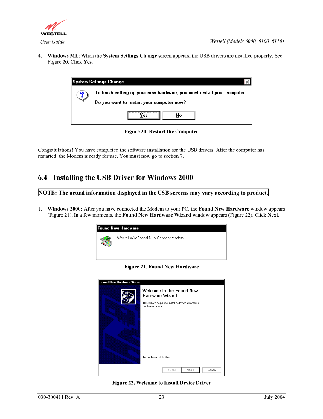 Westell Technologies 6110, 6000, 6100 manual Installing the USB Driver for Windows, Restart the Computer 