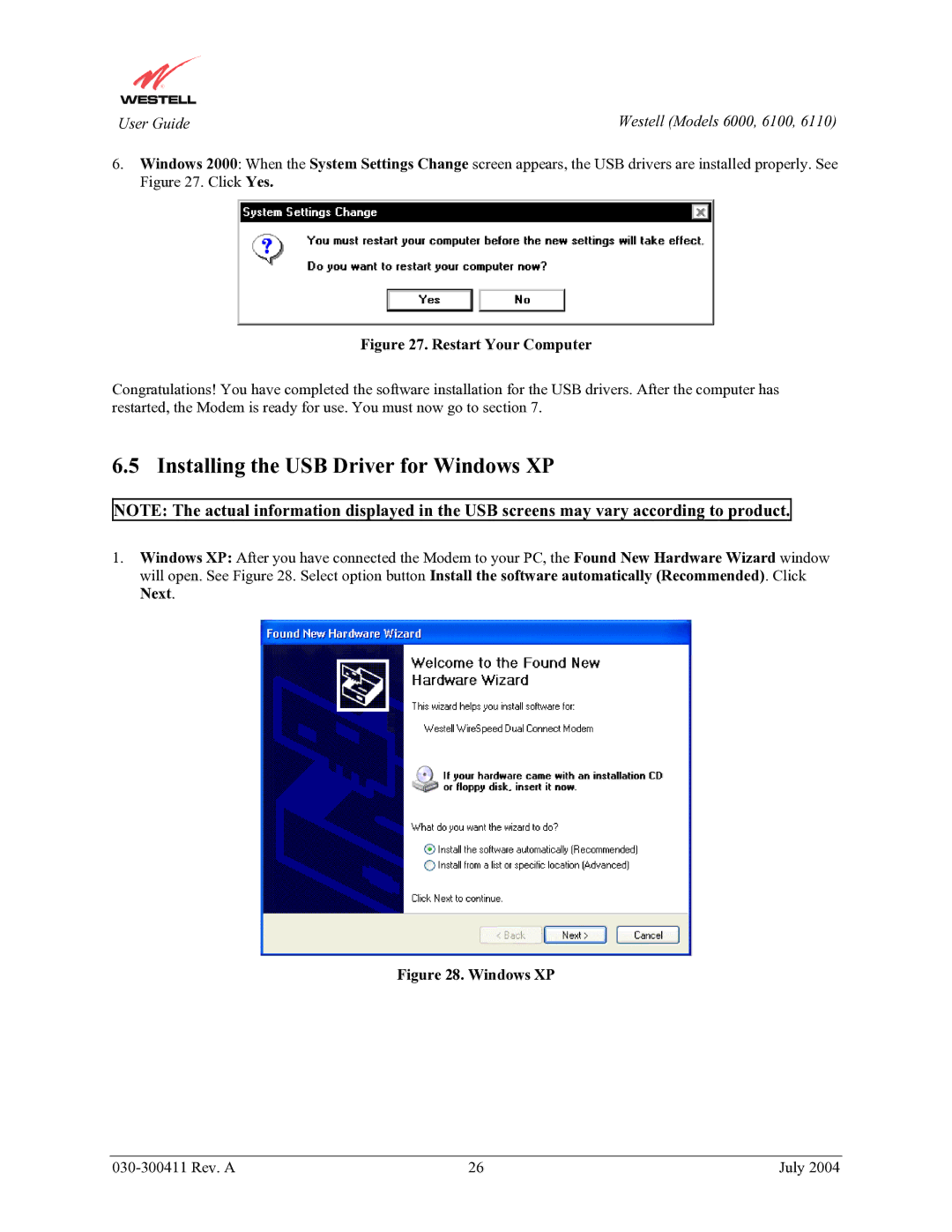 Westell Technologies 6110, 6000, 6100 manual Installing the USB Driver for Windows XP, Restart Your Computer 