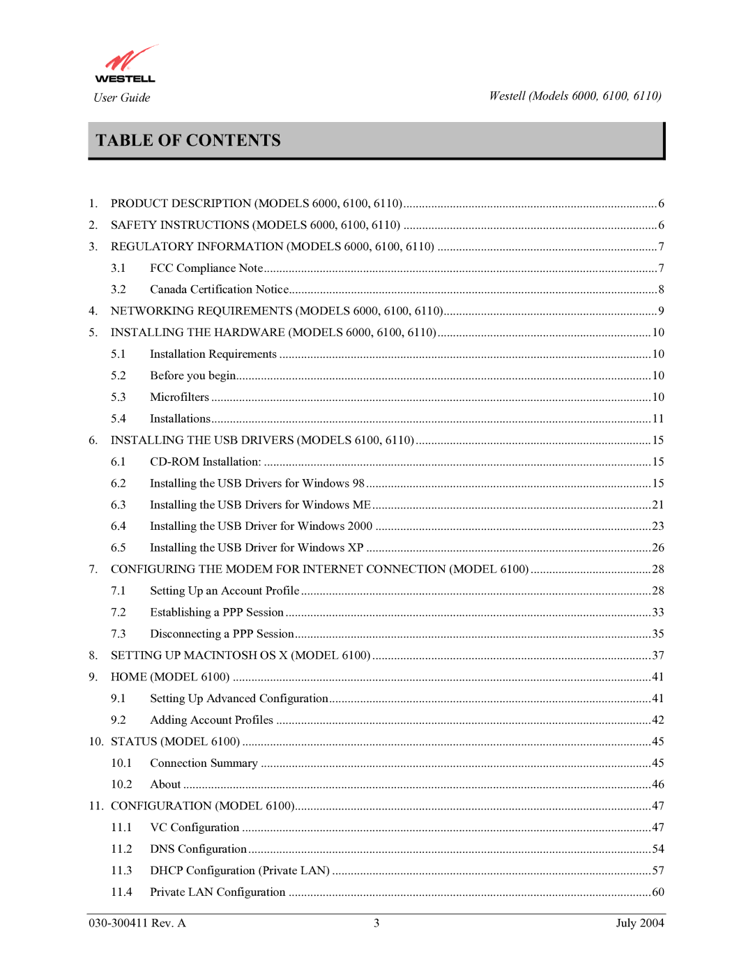 Westell Technologies 6000, 6100, 6110 manual Table of Contents 