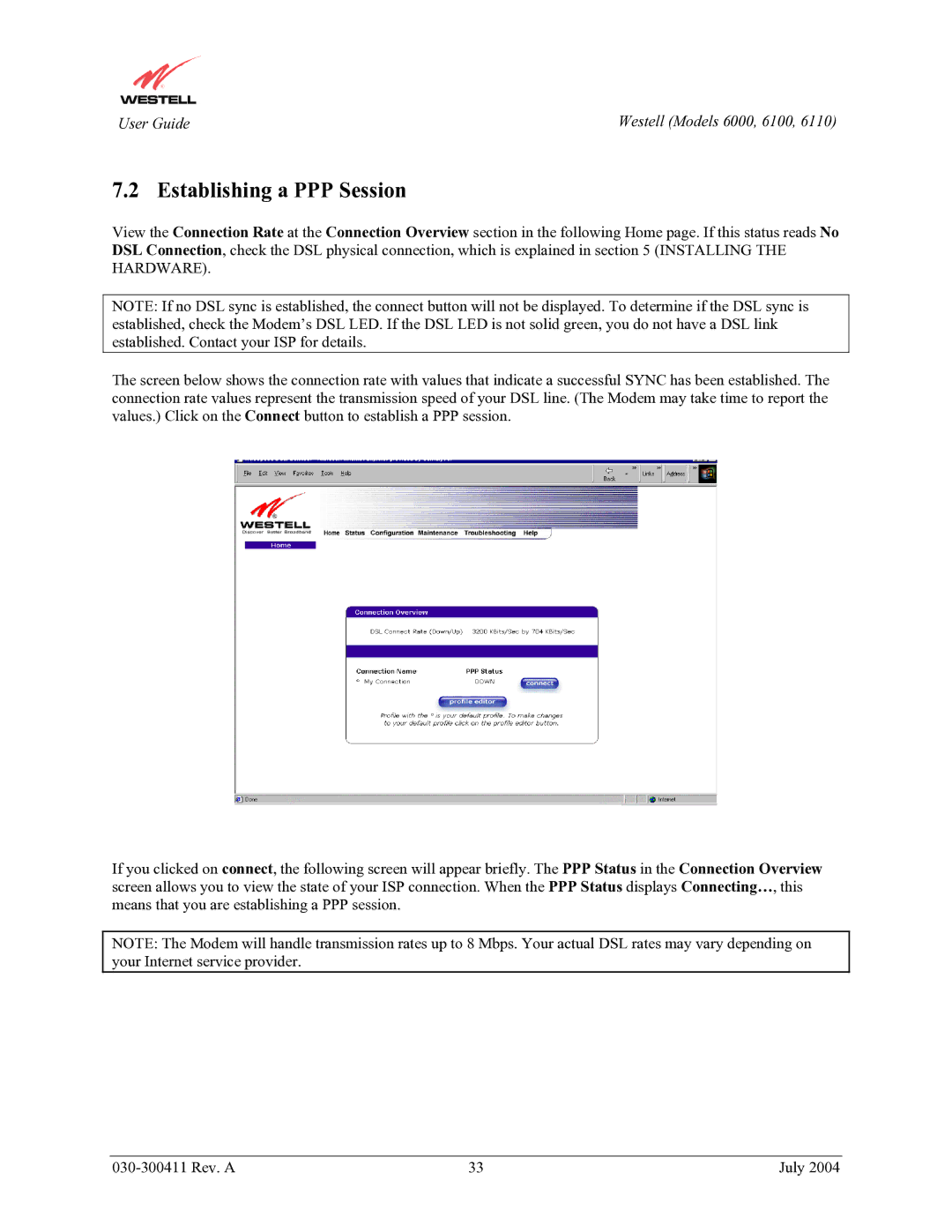 Westell Technologies 6000, 6100, 6110 manual Establishing a PPP Session 