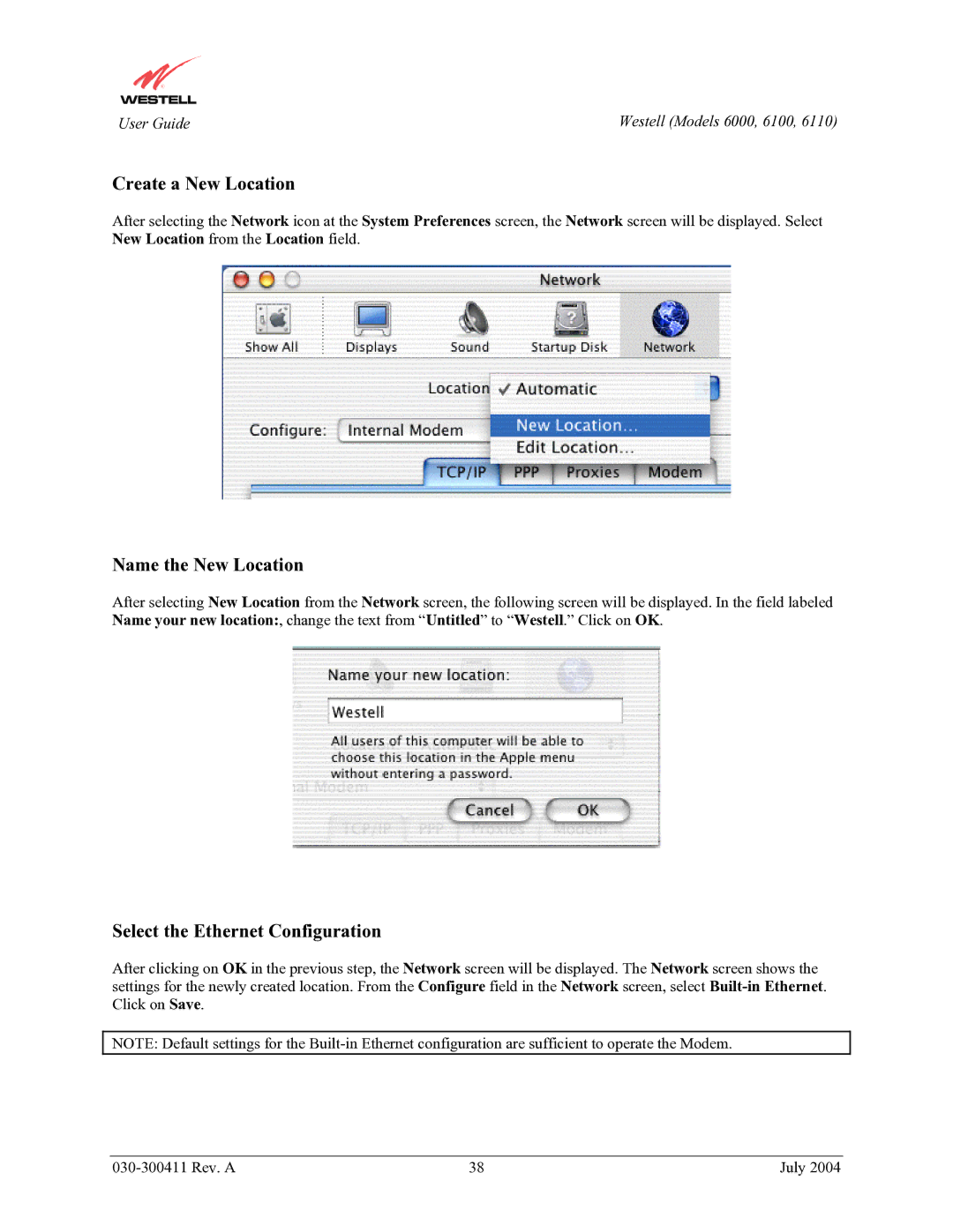 Westell Technologies 6110, 6000, 6100 manual Create a New Location 