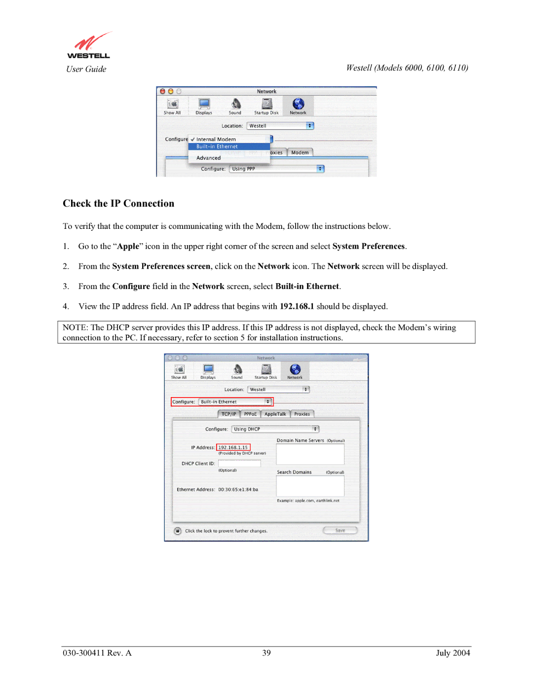 Westell Technologies 6000, 6100, 6110 manual Check the IP Connection 