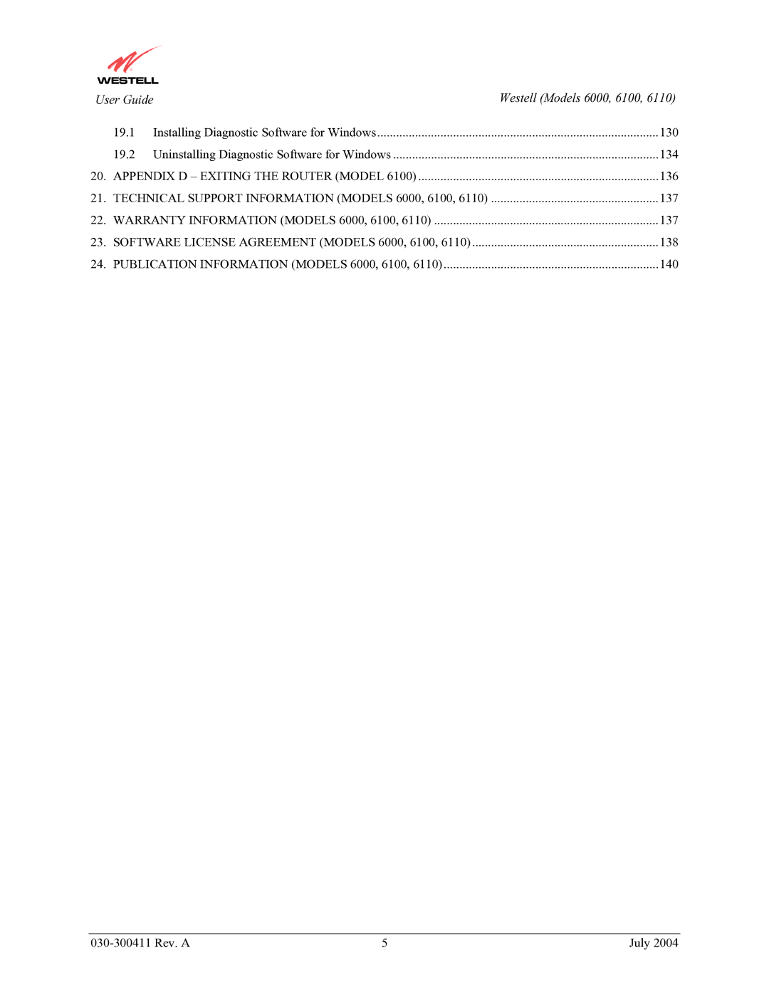 Westell Technologies 6110, 6000, 6100 manual 19.1 