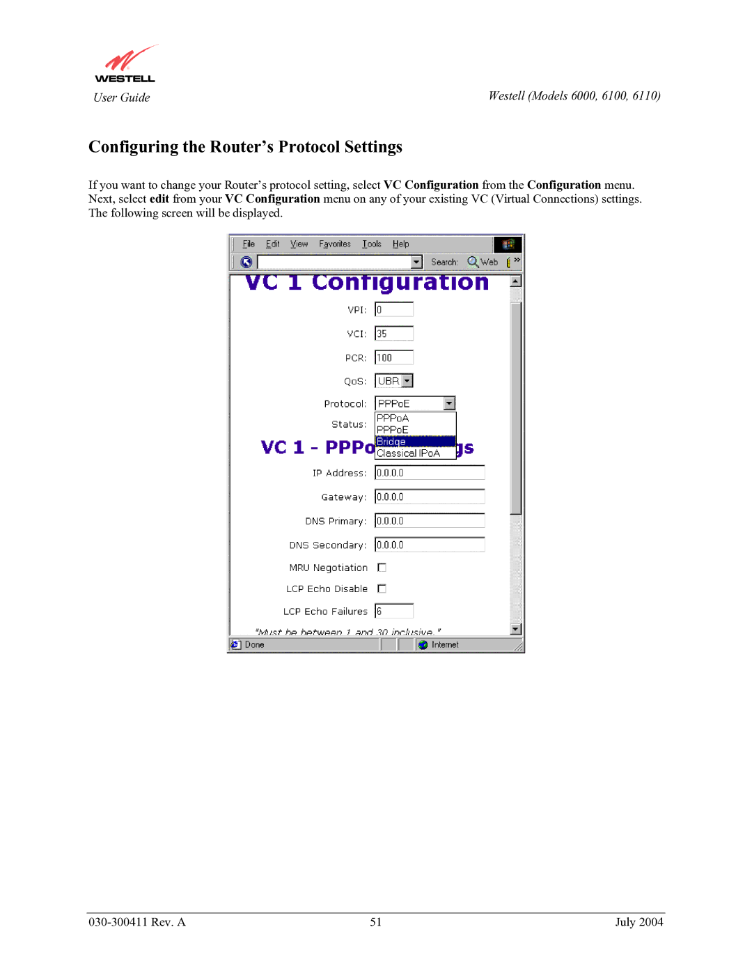 Westell Technologies 6000, 6100, 6110 manual Configuring the Router’s Protocol Settings 