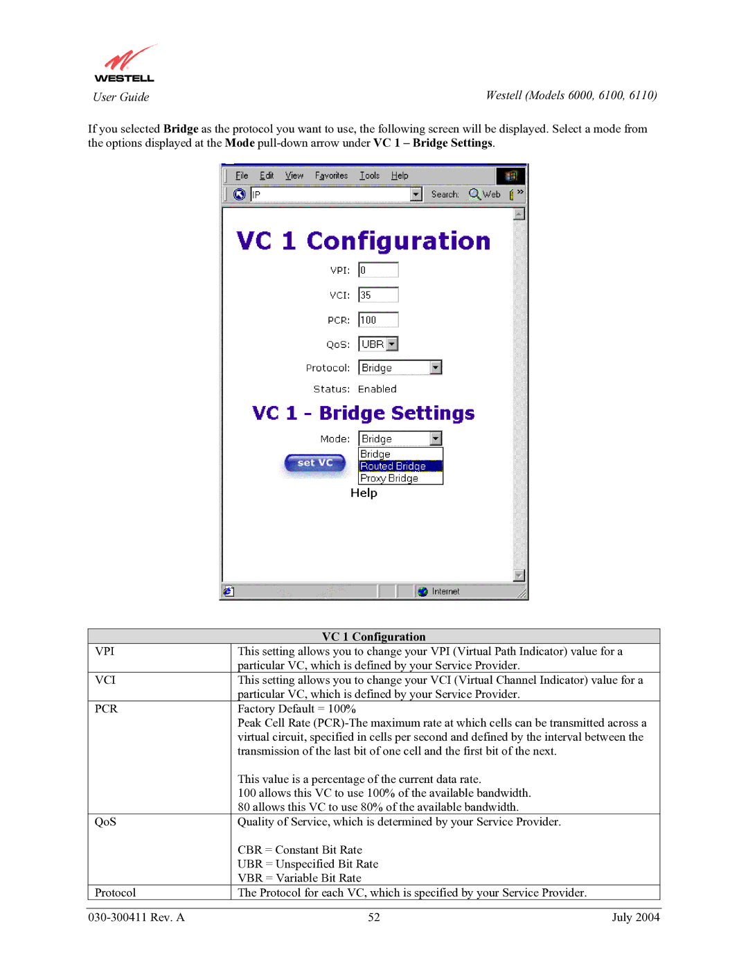 Westell Technologies 6100, 6000, 6110 manual VC 1 Configuration, Pcr 