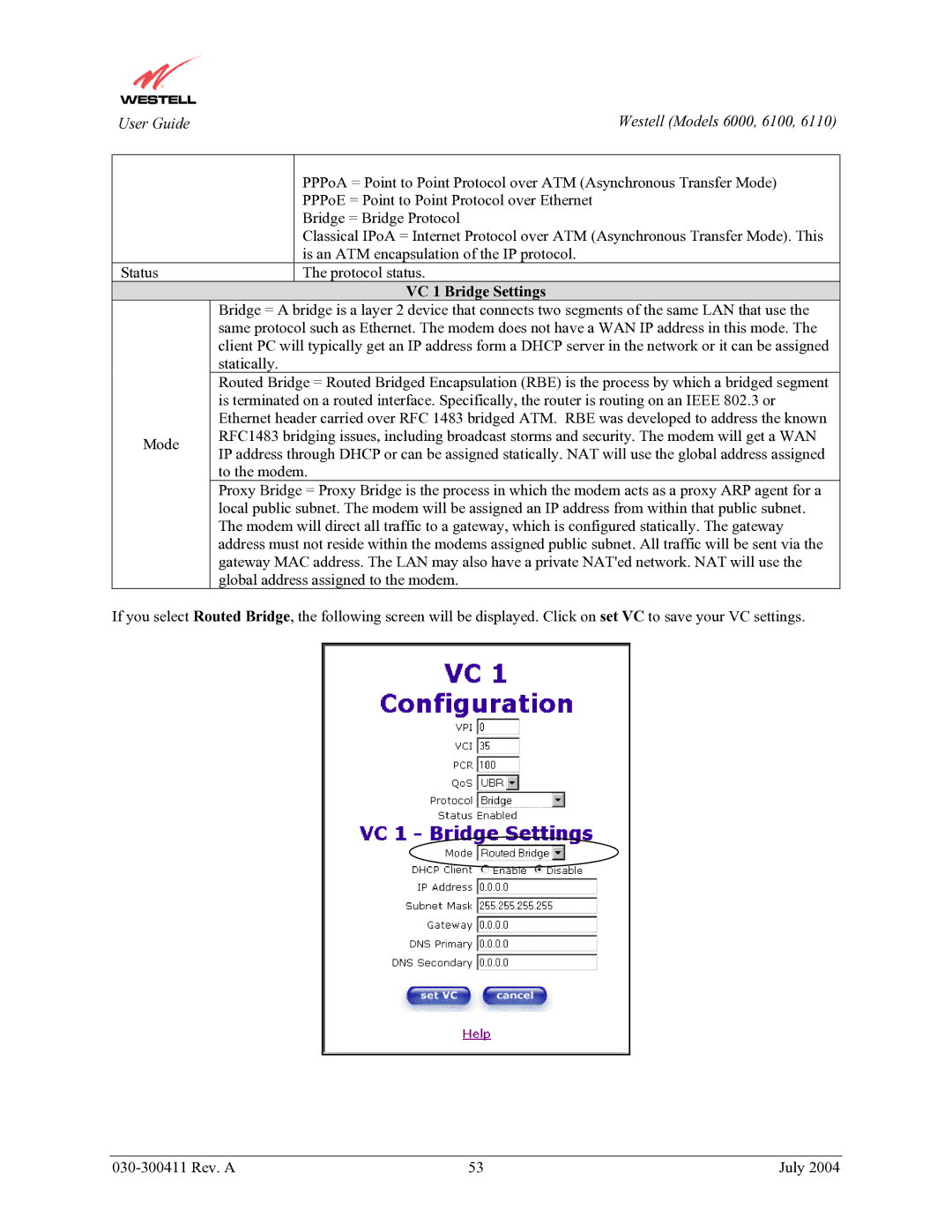 Westell Technologies 6110, 6000, 6100 manual VC 1 Bridge Settings 