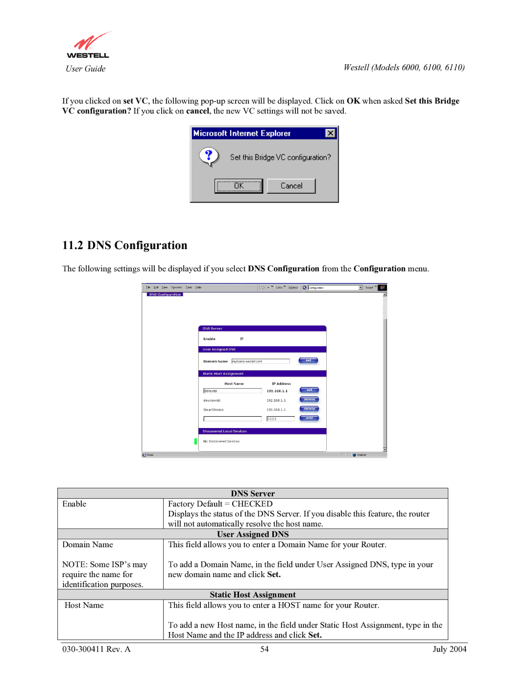 Westell Technologies 6000, 6100, 6110 manual DNS Configuration, DNS Server, User Assigned DNS, Static Host Assignment 