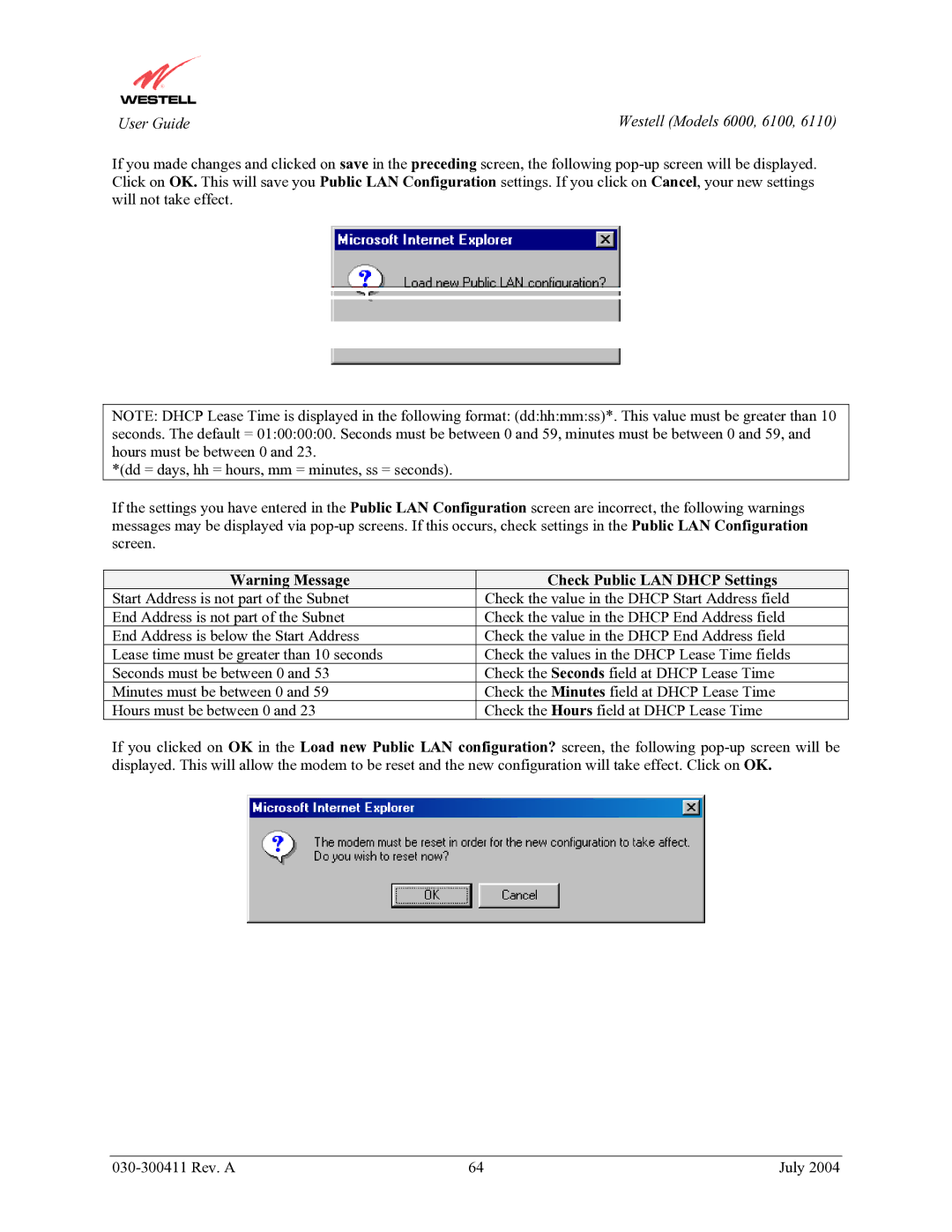 Westell Technologies 6100, 6000, 6110 manual Check Public LAN Dhcp Settings 