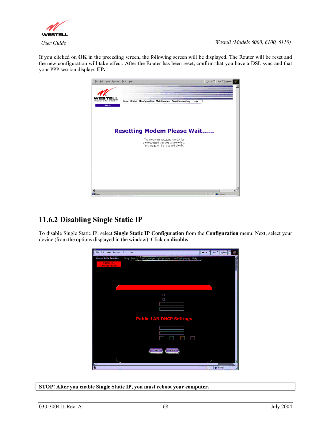 Westell Technologies 6110, 6000, 6100 manual Disabling Single Static IP 