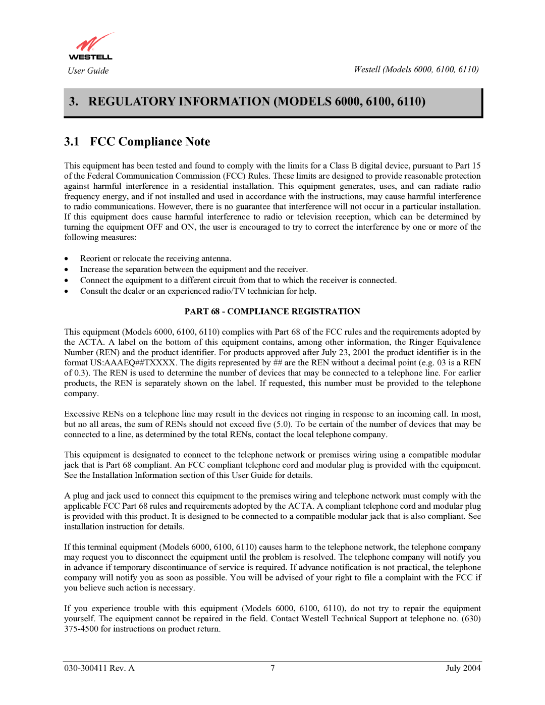 Westell Technologies 6110 manual Regulatory Information Models 6000, 6100, FCC Compliance Note 