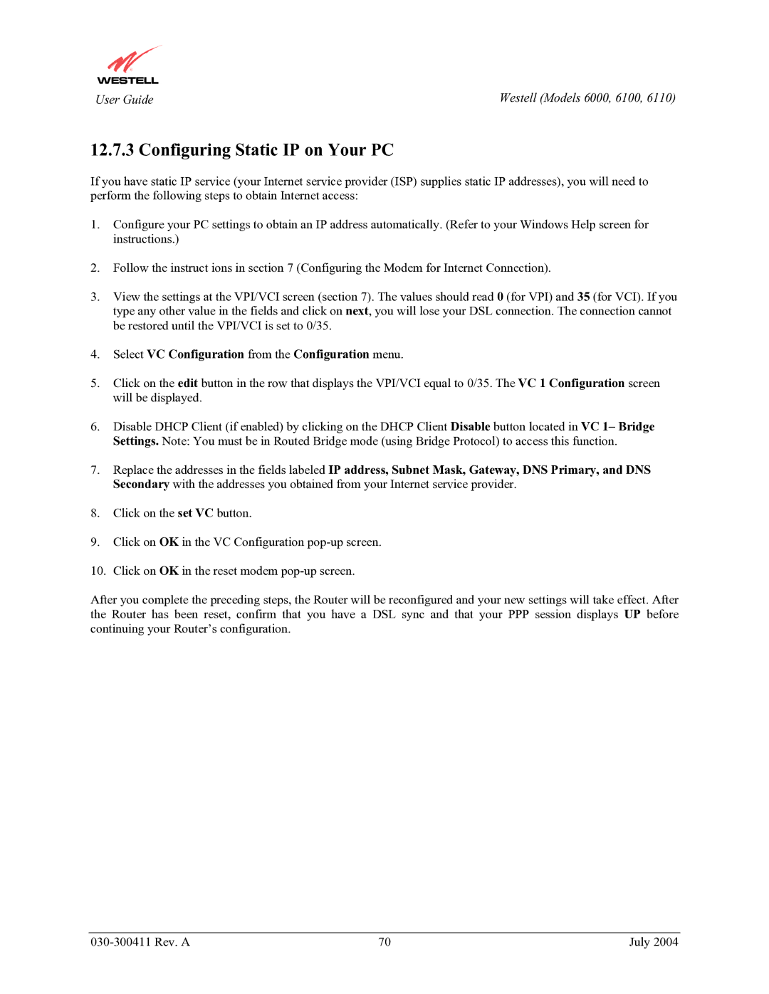 Westell Technologies 6100, 6000, 6110 Configuring Static IP on Your PC, Select VC Configuration from the Configuration menu 