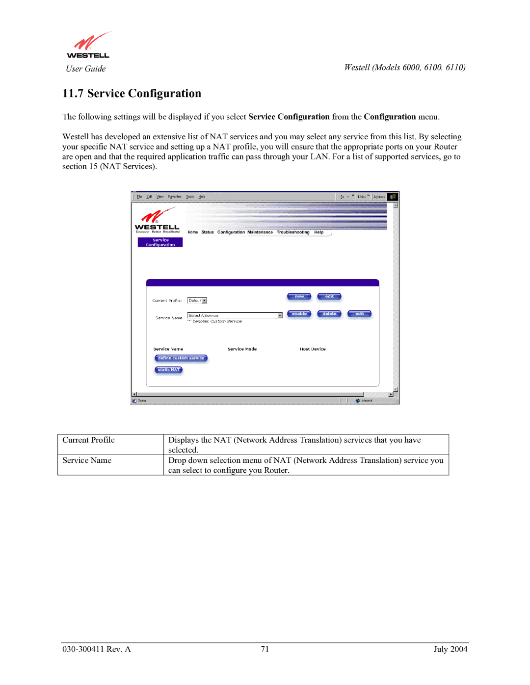 Westell Technologies 6110, 6000, 6100 manual Service Configuration 