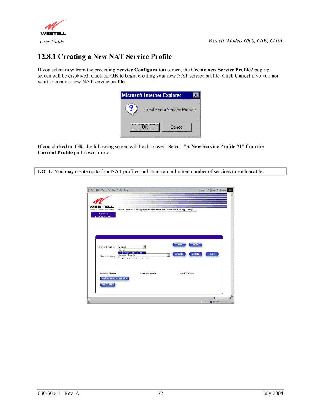 Westell Technologies 6000, 6100, 6110 manual Creating a New NAT Service Profile 