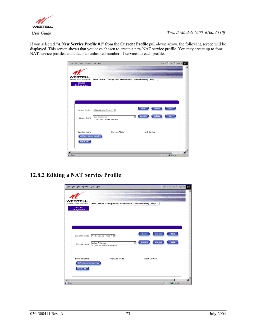 Westell Technologies 6100, 6000, 6110 manual Editing a NAT Service Profile 