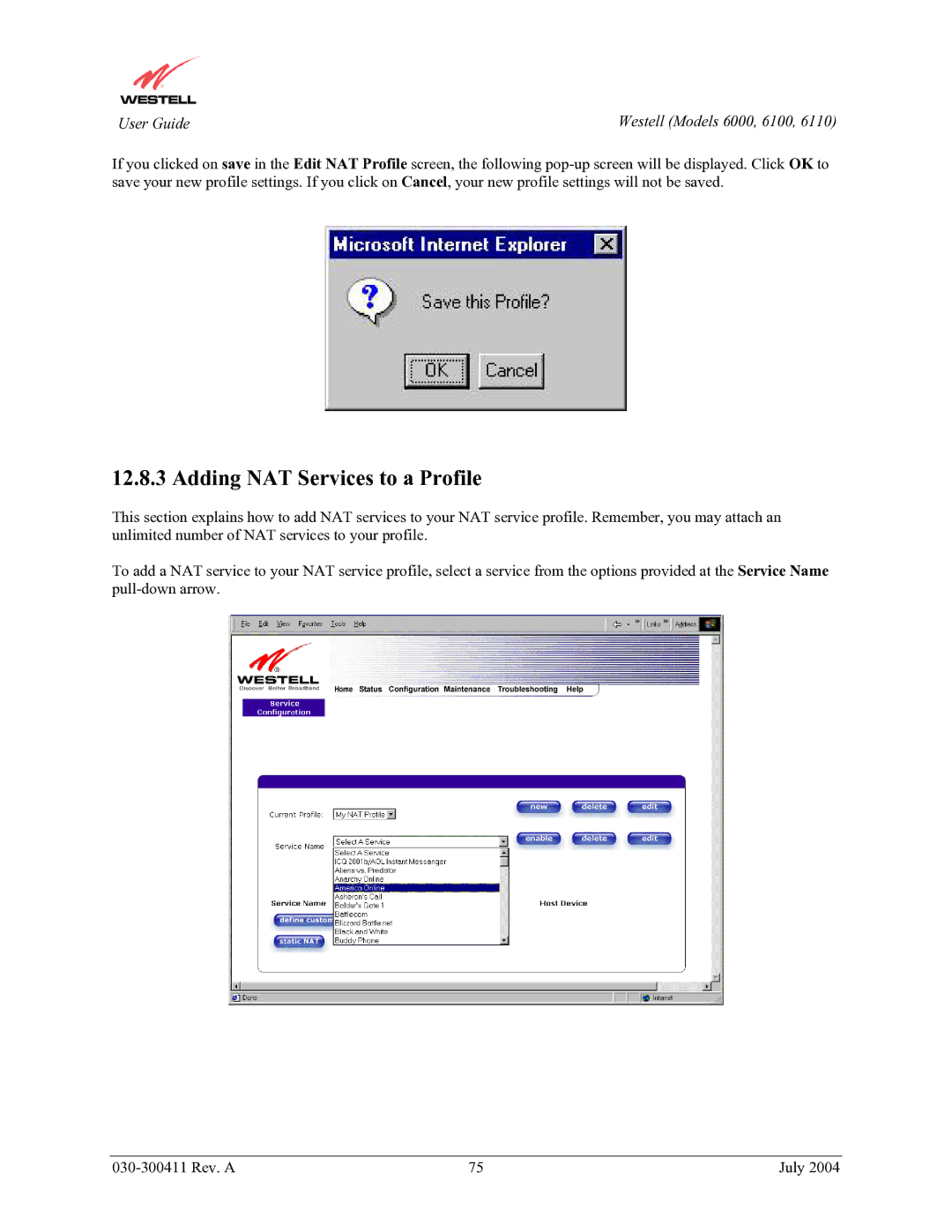 Westell Technologies 6000, 6100, 6110 manual Adding NAT Services to a Profile 